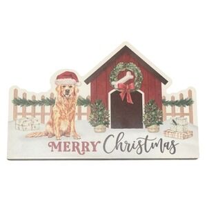 Merry Christmas Dog House Wooden‎ Sign Holiday Decor Golden Retriever Santa Hat